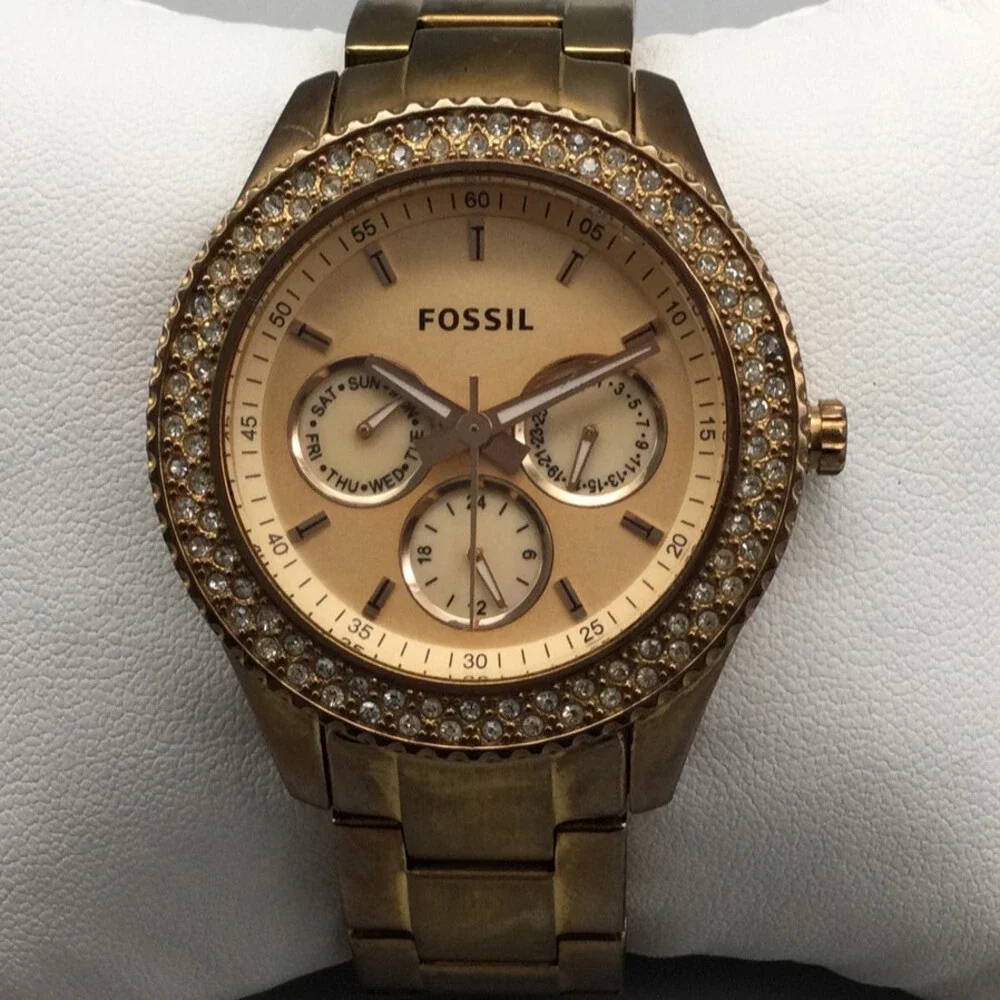 Fossil Watch Womens 38mm Gold Tone Stainless Steel ES3003 Day Date New Battery
